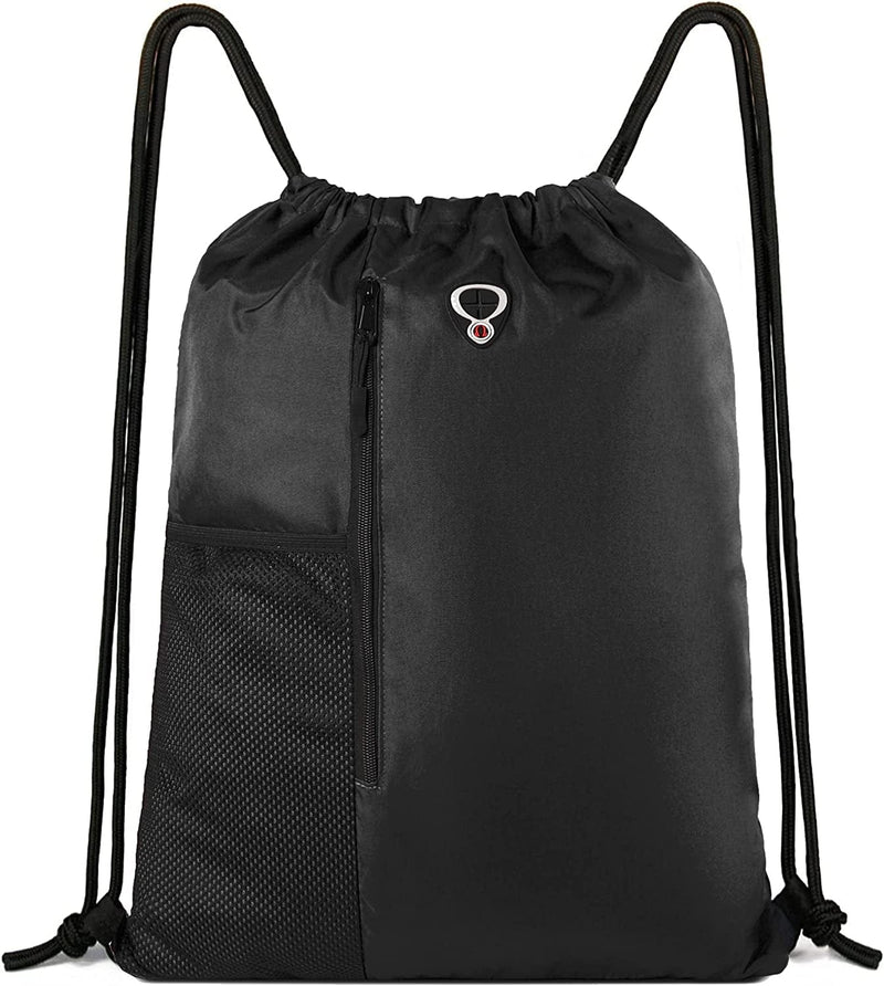 Drawstring Backpack Sports Gym Bag for Women Men Children Large Size with Zipper and Water Bottle Mesh Pockets Home & Garden > Household Supplies > Storage & Organization BeeGreenbags Black  