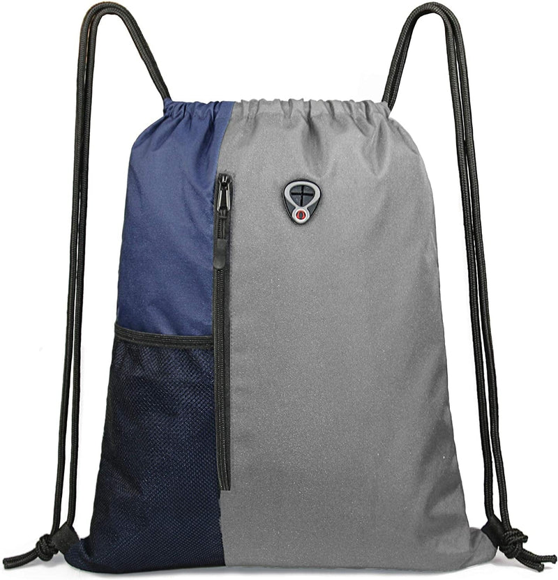 Drawstring Backpack Sports Gym Bag for Women Men Children Large Size with Zipper and Water Bottle Mesh Pockets Home & Garden > Household Supplies > Storage & Organization BeeGreenbags Grey/Navy  