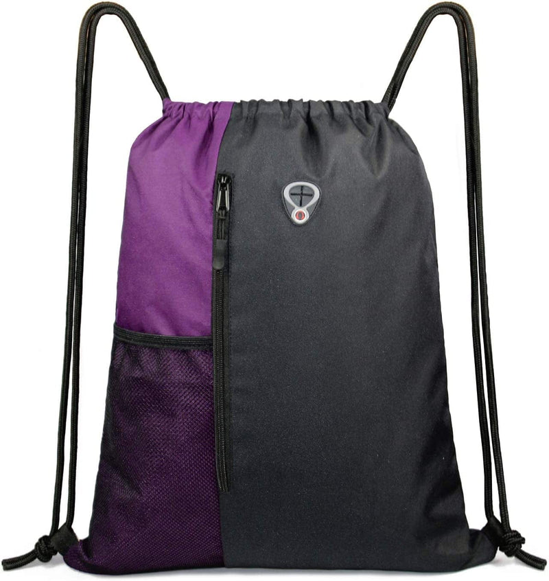 Drawstring Backpack Sports Gym Bag for Women Men Children Large Size with Zipper and Water Bottle Mesh Pockets Home & Garden > Household Supplies > Storage & Organization BeeGreenbags Black/Purple  