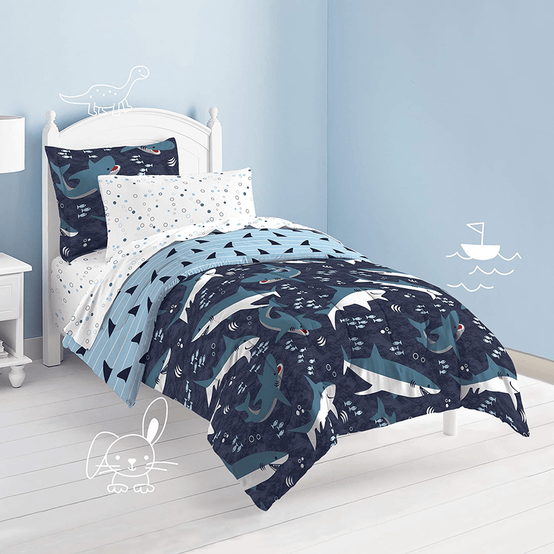 dream FACTORY Kids 5-Piece Complete Set Easy-Wash Super Soft Microfiber Comforter Bedding, Twin, Blue Sharks Home & Garden > Linens & Bedding > Bedding CHF Industries   