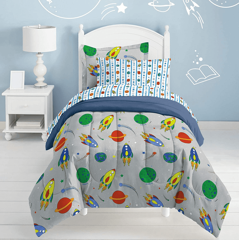 dream FACTORY Kids 5-Piece Complete Set Easy-Wash Super Soft Microfiber Comforter Bedding, Twin, Blue Sharks Home & Garden > Linens & Bedding > Bedding CHF Industries Multi-colored Space Rocket Twin 