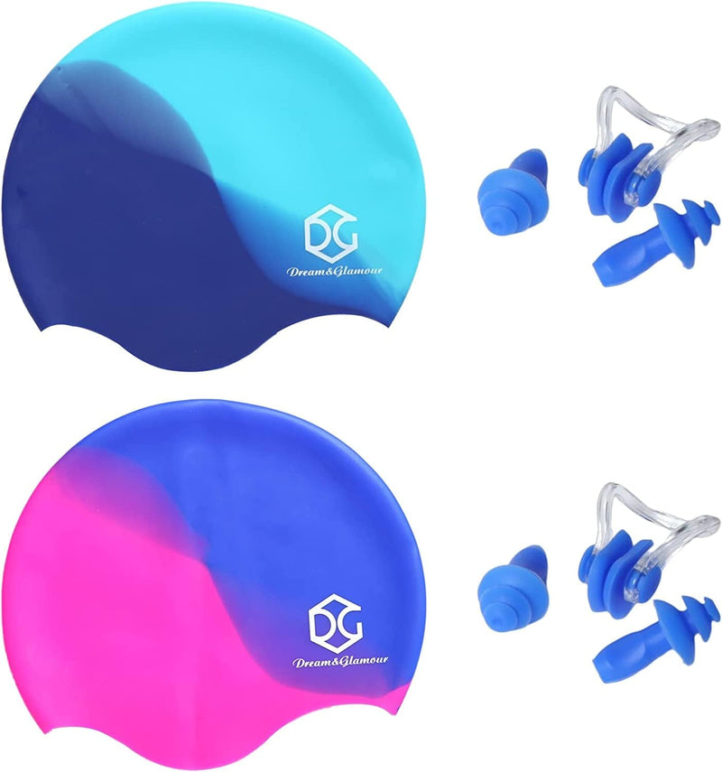 DREAM&GLAMOUR 2 Pack Womens Swim Cap for Long Hair，Silicone Swimming Hats for Women Men Adults,Bathing Swimming Caps with Ear Plugs and Nose 2 Pack Clip, Keep Hair Dry Sporting Goods > Outdoor Recreation > Boating & Water Sports > Swimming > Swim Caps DREAM&GLAMOUR Gradient blue/Gradient light blue Medium 
