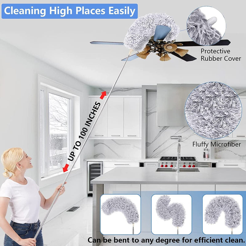 Dusters for Cleaning, Microfiber Feather Duster with Extension Pole 100" Extendable Bendable Long Handle Gap Dust Cleaner for High Ceiling, Fan, Cobweb, Blinds, Car, Furniture Dusting Wand Washable Home & Garden > Household Supplies > Household Cleaning Supplies MOUCHOT   