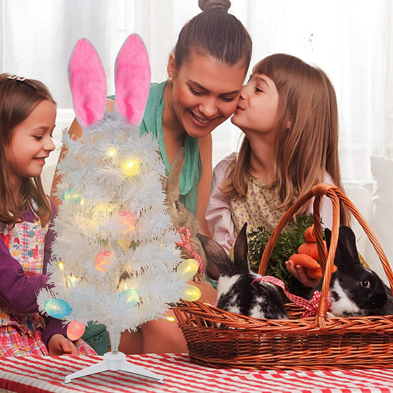 Dynaming Easter Table Decorations, 23 Inch Lighted Easter Bunny White Tree, Pre-Lit Artificial Tabletop Tree with Bunny Ears and Eggs, Battery Operated Light up for Indoor Spring Home Bedroom Decor Home & Garden > Decor > Seasonal & Holiday Decorations Dynaming   