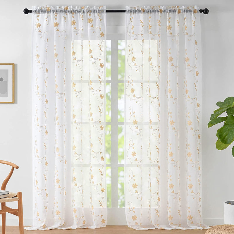 Floral Blue Sheer Curtains 63 Inch Length 2 Panels, Embroidered Sheer Curtains for Living Room, Rod Pocket Semi Sheer Drapes Window Curtain Panels for Kitchen, Bedroom, White and Blue, 52 X 63 Inch Home & Garden > Decor > Window Treatments > Curtains & Drapes CaaMoo Beige 52" W x 63" L 