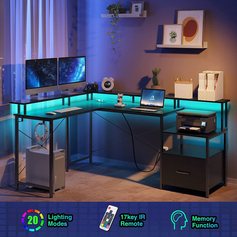 Rolanstar Computer Desk with Power Outlet & LED Strip and File Drawer, 66" Reversible L Shaped Computer Corner Desk with Printer Cabinet and Monitor Shelf, Modern Home Office Desk, Writing Desk,Black Home & Garden > Household Supplies > Storage & Organization Rolanstar   