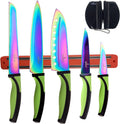 Stainless Steel Rainbow Knife Set - Titanium Coated Kitchen Starter Set with Utility Knife, Santoku, Bread, Chef, & Paring Knives with Black Sharpener Tool & Magnetic Mounting Rack - Silislick Home & Garden > Kitchen & Dining > Kitchen Tools & Utensils > Kitchen Knives SiliSlick® Green Handle | Red Rack  
