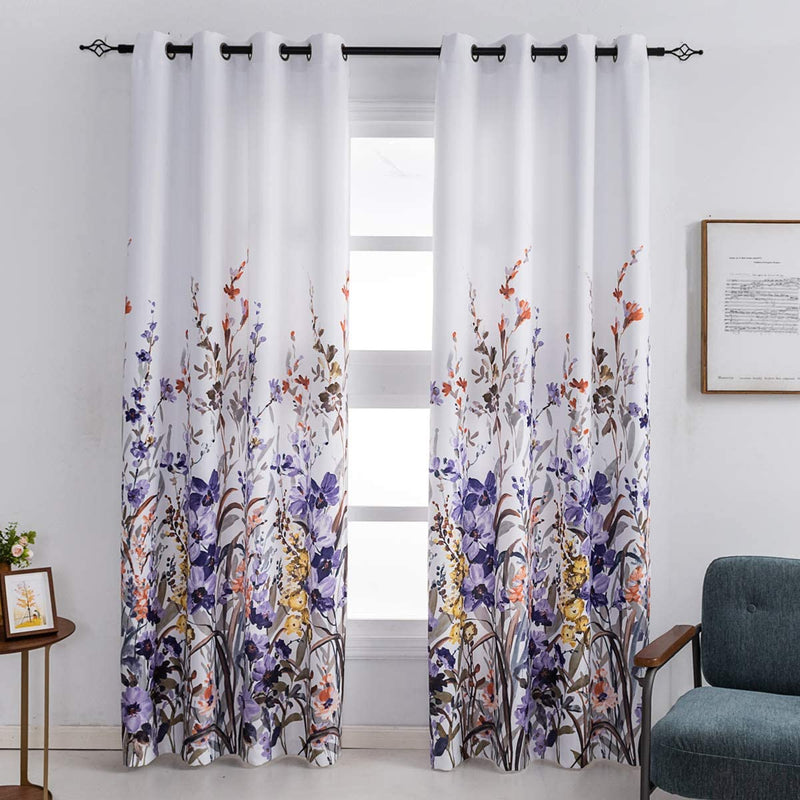 Kotile Room Darkening Curtains for Bedroom - White Curtains with Floral Printed Thermal Insulated Curtains Grommet Top Window Curtains 84 Inch Length for Living Room, 52 X 84 Inches, 2 Panels, Yellow Home & Garden > Decor > Window Treatments > Curtains & Drapes Kotile Textile *Purple Floral 52"x95" 