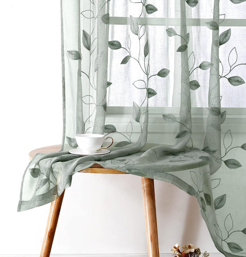 HOMEIDEAS Sage Green Sheer Curtains 52 X 84 Inches Long 2 Panels Embroidered Leaf Pattern Pocket Faux Linen Floral Semi Sheer Voile Window Curtains/Drapes for Bedroom Living Room Sporting Goods > Outdoor Recreation > Fishing > Fishing Rods HOMEIDEAS 1-sage Green W52" X L84" 