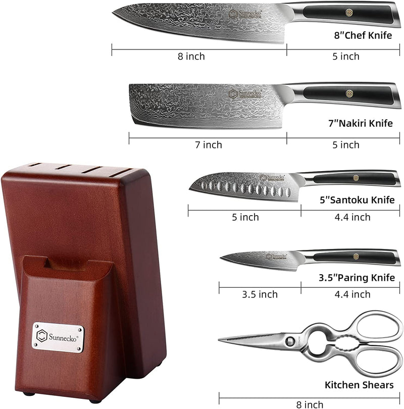 Sunnecko Damascus Kitchen Knife Set,6 PCS Knife Sets for Kitchen with Block,67-Layer Japanese VG10 High Carbon Stainless Steel Blade,Ultra-Sharp,Full Tang Forged,Ergonomic Handle,Shears Included Home & Garden > Kitchen & Dining > Kitchen Tools & Utensils > Kitchen Knives Sunnecko   