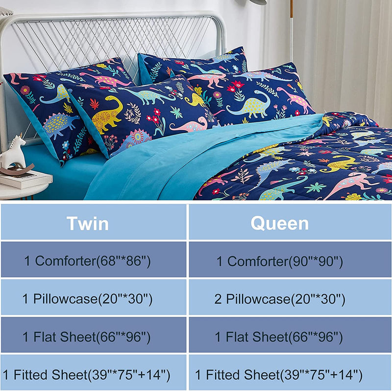 INRON Dinosaur Kids Comforter Sets for Boys Girls, Twin Size 4-Pieces Bed in a Bag, Ultra Soft Microfiber Comforter and Sheet Sets,All Season Durable Bedding Set(Dinosaur,Twin) Home & Garden > Linens & Bedding > Bedding INRON   