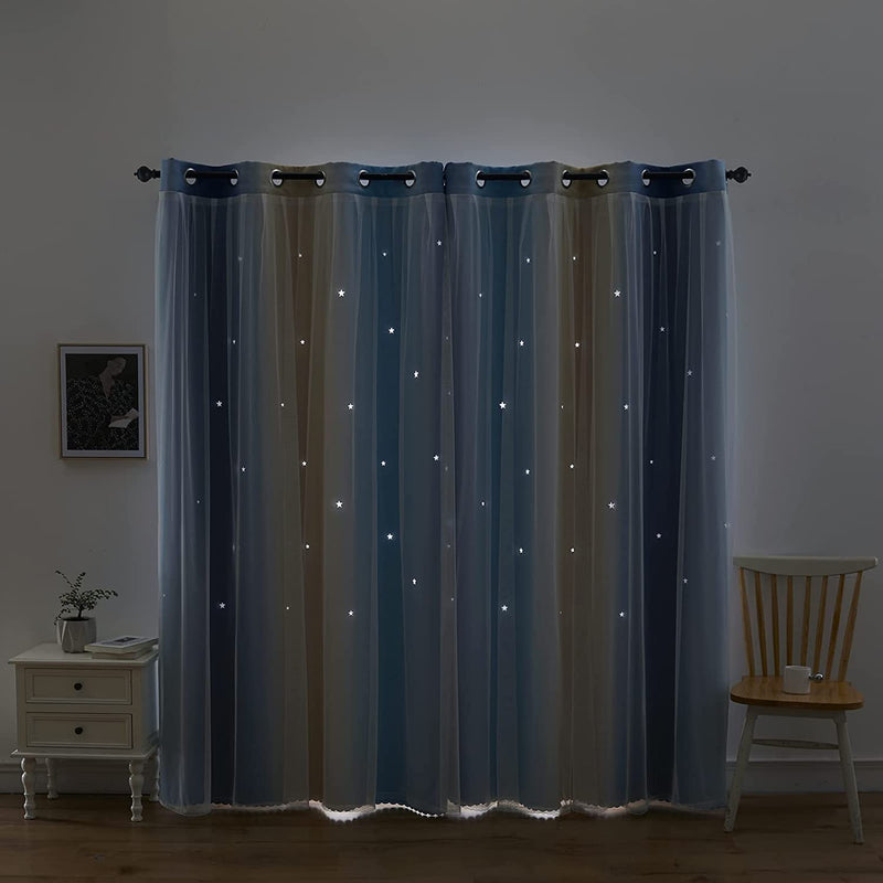 INDISTAR Star Blackout Curtains for Girls Kids Bedroom, Colourful Stripe Window Curtain Panels, 2 Layer Lace Drapes, Room Darkening Curtain for Living Room Decor, 2 Panels (Blue W52 X L63 Inch Home & Garden > Decor > Window Treatments > Curtains & Drapes Indistar   