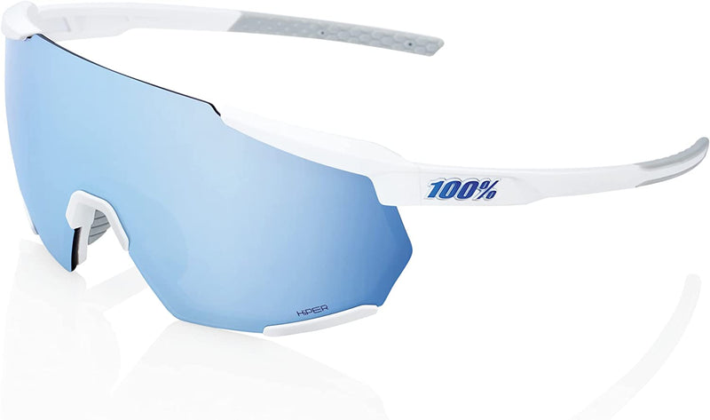 100% Racetrap Sport Performance Sunglasses - Sport and Cycling Eyewear with HD Lenses, Lightweight and Durable TR90 Frame Sporting Goods > Outdoor Recreation > Cycling > Cycling Apparel & Accessories 100% Matte White - Hiper Blue Multilayer Mirror Lens  