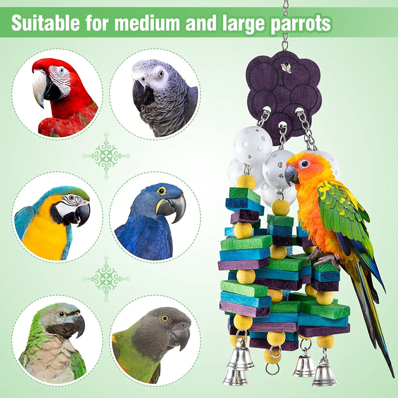 MEWTOGO Large Bird Parrot Toys with Bells- Parrots Cage Chewing Toy with Colorful Wood Blocks Beads- Bird Parrot Chewing Sticks Toys for Cockatoos African Grey Macaws and Parrots(Grape Style)  MEWTOGO   