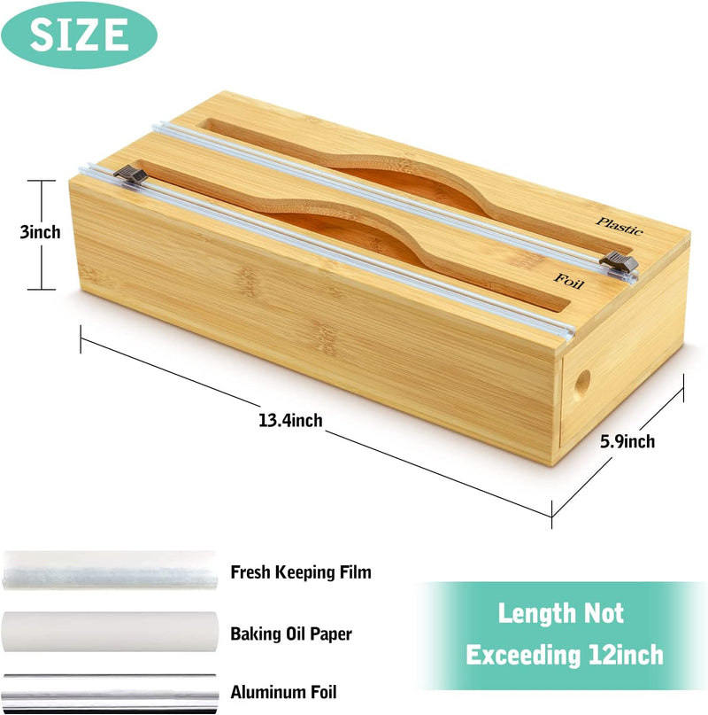 Plastic Wrap Dispenser with Cutter, 2 in 1 Bamboo Aluminum Foil Dispenser, Kitchen Wrap Organizer for Tin Foil, Wax and Parchement Paper, Compatible with 12" Roll (13.4"*5.8"*3" Inches) Home & Garden > Household Supplies > Storage & Organization Fabeve   