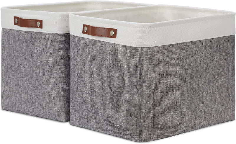 DULLEMELO Storage Bins 16"X12"X12" with Leather Handles for Organizing,Decorative Collapsible Storage Baskets for Shelves Closet Home Office (Black&Grey) Home & Garden > Household Supplies > Storage & Organization DULLEMELO White&Grey Large-16"x12"x12" 
