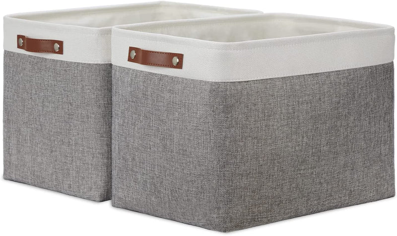 DULLEMELO Storage Bins 16"X12"X12" with Leather Handles for Organizing,Decorative Collapsible Storage Baskets for Shelves Closet Home Office (Black&Grey) Home & Garden > Household Supplies > Storage & Organization DULLEMELO White&Grey Large-17"x12"x12" 