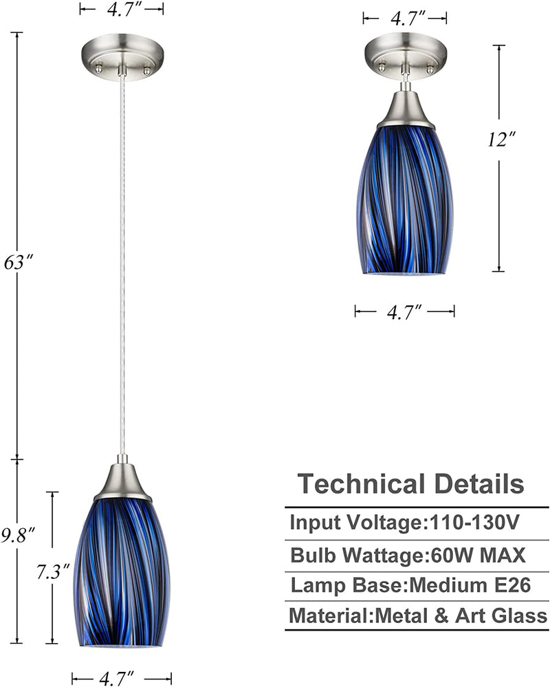 Dark Blue Mini Glass Pendant Lights for Kitchen Island 3Pack Hand Blown Art Glass Pendant Lighting Shade with Brushed Nickel Finish for Kitchen over Sink,Dining Room