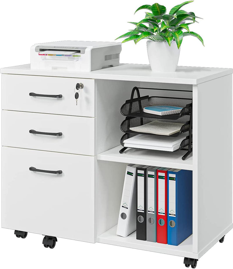 Panana Wood File Cabinet, 3 Drawer Mobile Lateral Filing Cabinet on Wheels, Printer Stand with Open Storage Shelves for Home Office (Black) Home & Garden > Household Supplies > Storage & Organization Panana White  