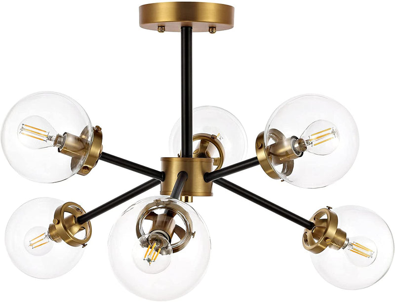 WINGBO 6-Light Modern Chandelier, Sputnik Pedant Light Fixture with Large Opal White Glass Globe Shade for Flat and Slop Ceiling, Height Adjustable for Kitchen Living Room Dining Room Bedroom, Gold Home & Garden > Lighting > Lighting Fixtures > Chandeliers WINGBO Black + Clear Glass 4 6-Light 