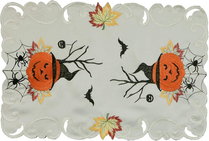 Creative Linens Halloween Tablecloth 33" Square, Embroidered Spooky Pumpkin Bats Spider Web Witch Table Topper for Fall Holiday Decoration, Ivory Home & Garden > Decor > Seasonal & Holiday Decorations Creative Linens 11x17"-4pcs  