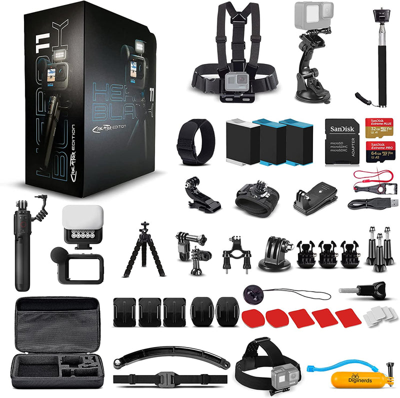 Gopro HERO11 Black Creator Edition - Includes Volta (Battery Grip, Tripod, Remote), Media Mod, Light Mod, Waterproof Action Camera + 64GB Card, 50 Piece Accessory Kit and 2 Extra Batteries