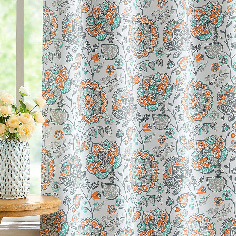 Full Blackout Curtains for Living-Room 84Inch Length Orange and Teal Jacobean Design Thermal Insulated Window Panels for Bedroom Vintage Floral Multi Curtain Panels Country Flower Grommet Top 2Pcs