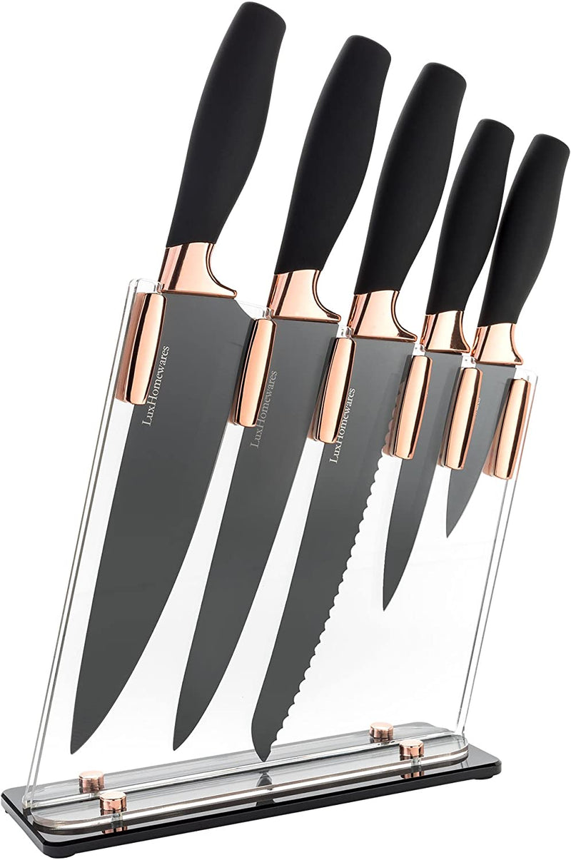 Luxhomewares 6 Piece Knife Set | 5 Beautiful Black Titanium Knives with Block Sharp Kitchen Sets Multiple Size, All Purpose 8 Inch Chef, Bread, & Carving Utility Paring Home & Garden > Kitchen & Dining > Kitchen Tools & Utensils > Kitchen Knives Luxhomewares Gold  