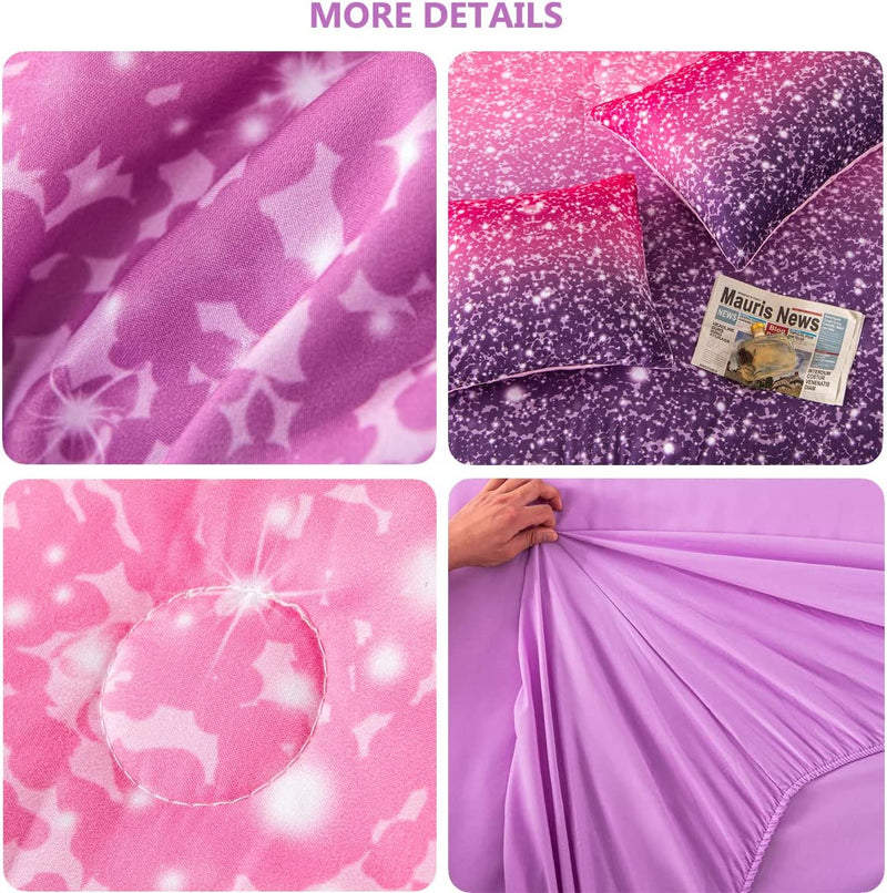 PERFEMET Purple Glitter Comforter Set Twin Size 6 Pieces Bed in a Bag for Teen Girls 3D Colorful Rainbow Bedding Comforter Sheet Set Ultra Soft Galaxy Quilted Duvet Home & Garden > Linens & Bedding > Bedding PERFEMET   