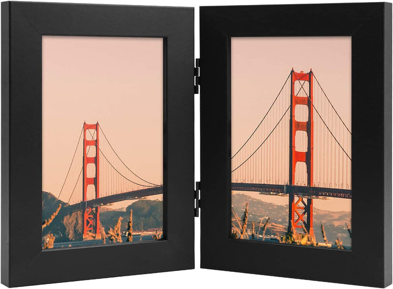 Frametory, 5X7 Hinged Picture Frame Displays 2 Photos, Double Frames with Glass, Side by Side Stands Vertically on Tabletop (Black) Home & Garden > Decor > Picture Frames Frametory Black 4x6 (1-Pack) 