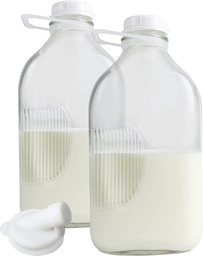 The Dairy Shoppe Heavy Glass Milk Bottles 33.8 Oz Jugs with Extra Lids & NEW Pour Spout! (2, 33.8 Oz) Home & Garden > Decor > Decorative Jars The Dairy Shoppe 2 64 oz 