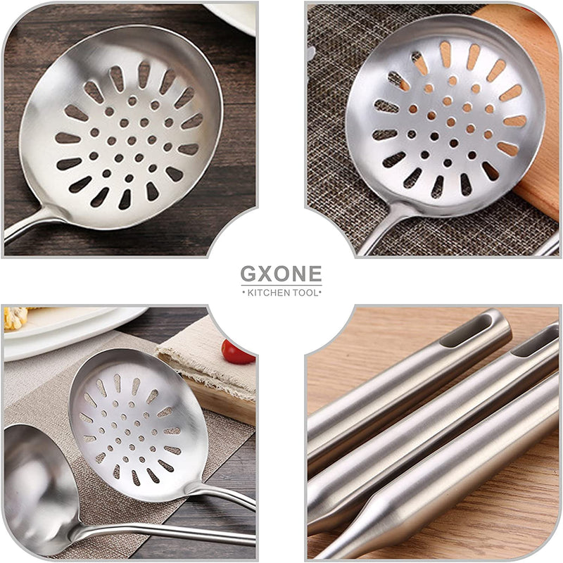 Skimmer Slotted Spoon,304 Stainless Steel Slotted Spoon, Handle Mesh Food Strainer Stainless Steel Colander with Hollow Handle Heat Resistant Cooking Tool,Silver/15.1Inch