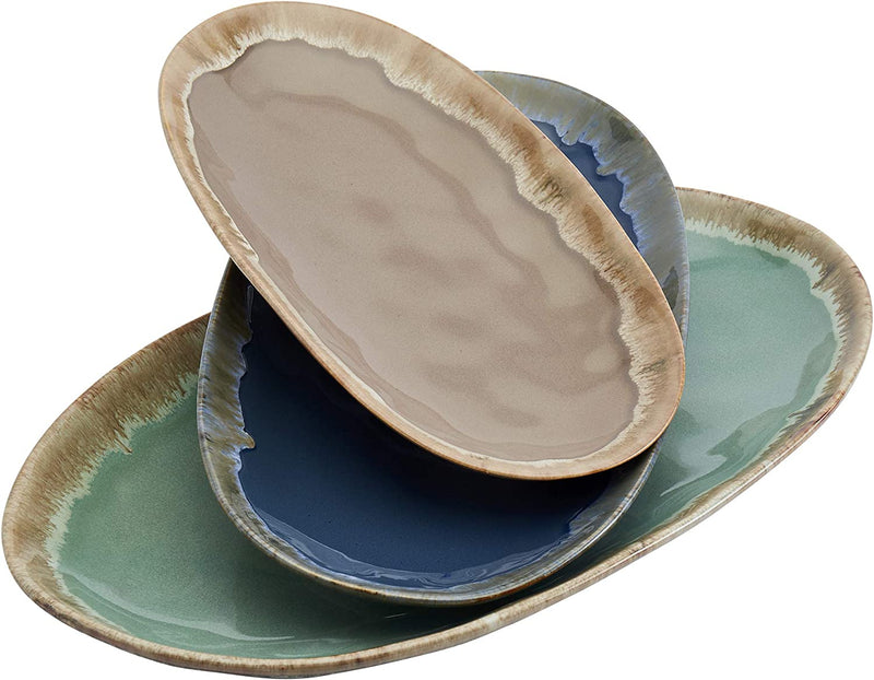 Tabletops Gallery Tuscan Reactive Glaze Stoneware- Dining Entertainment Plate Bowl Ceramic, 12 Piece Tuscan Dinnerware Set (Blue, Green, and Brown) Home & Garden > Kitchen & Dining > Tableware > Dinnerware Tabletops Gallery Timeless Designs Since 1983 3 PIECE SERVING PLATTERS  