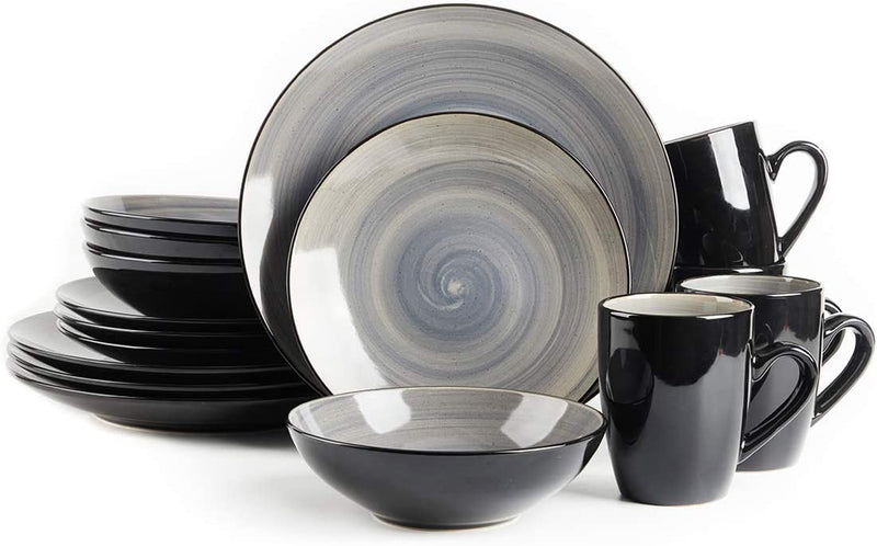 Homevss, Sonoma Stoneware Dinnerware Set, outside Black + inside Hand Painting Color (16Pc Set, Purple) Home & Garden > Kitchen & Dining > Tableware > Dinnerware HomeVss Gray  