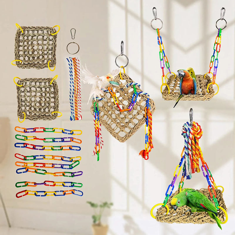 Bird Foraging Cage Toy, Seagrass Woven Climbing Hammock Swing Mat with Colorful Chewing Rope Toys, Suit for Lovebirds, Finch, Parakeets, Conure, Cockatiel Animals & Pet Supplies > Pet Supplies > Bird Supplies > Bird Toys matafat   