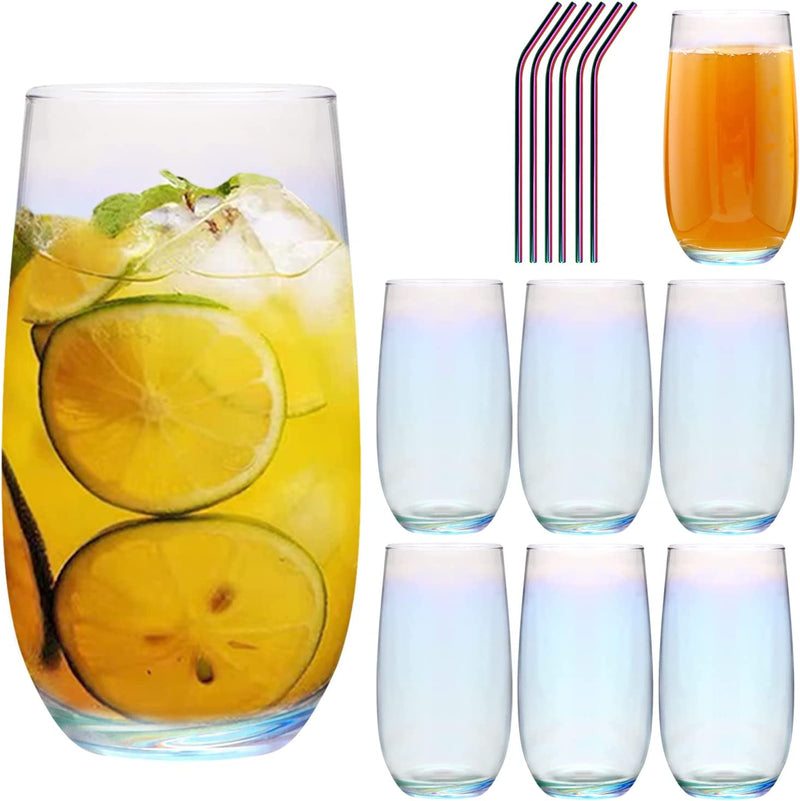 Highball Glasses Set of 8,16 OZ Tall Drinking Glasses,Elegant Iridescent Glassware Water Glass Tumblers with Straws,Reusable Cocktail Juice Glasses,Whiskey Glasses for Beer,Kitchen,Party Home & Garden > Kitchen & Dining > Tableware > Drinkware Ufrount IRIDESCENT  