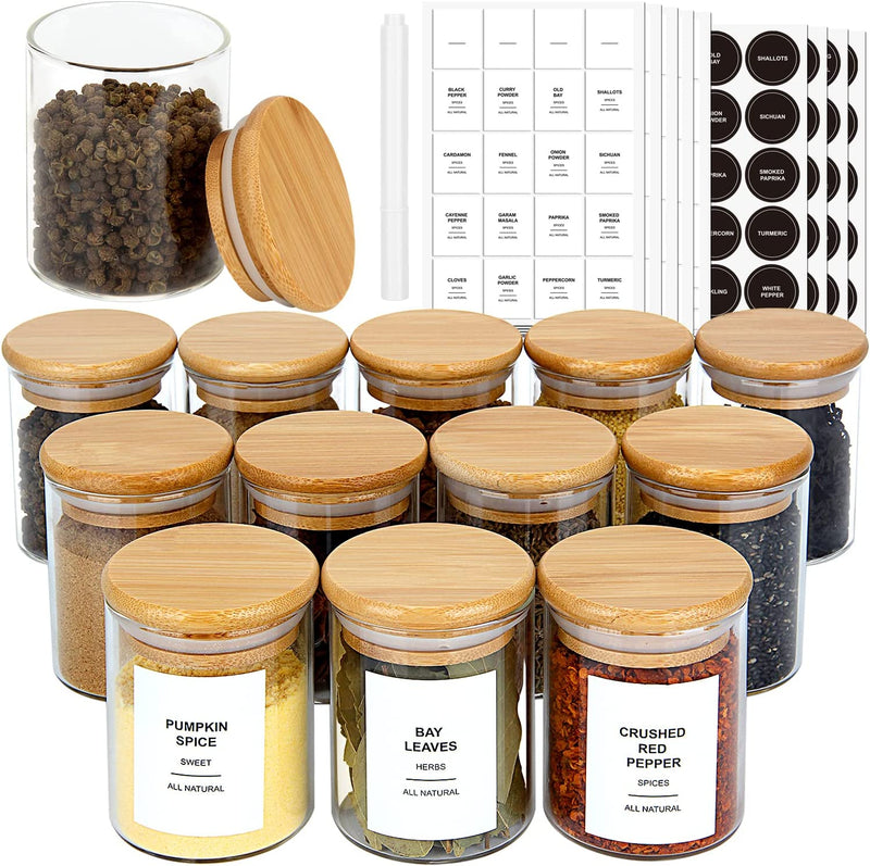 Juneheart 12 PCS Glass Spice Jars with Bamboo Lids and 194 Waterproof Labels, 4Oz Clear Food Storage Containers for Kitchen Sugar Salt Coffee Beans Home & Garden > Decor > Decorative Jars JuneHeart 12  