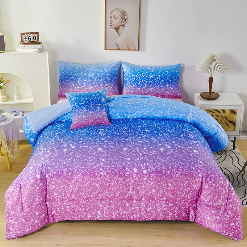 RYNGHIPY 6Pcs Gradient Glitter Bedding Set for Girls Twin Size, Colorful Rainbow All-Season Comforter Set, Ultra Soft Bedding Collections Home & Garden > Linens & Bedding > Bedding RYNGHIPY Pink Indigo Twin (6-Piece) 