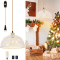 Plug in Pendant Light Rattan Hanging Light with Plug in Cord, Boho Hanging Lamp with 15Ft Gold Cotton Cord & Dimmer Switch, Black Rattan Pendant Light with Woven Lampshade(Bulb&2 Swag Hooks Included) Home & Garden > Lighting > Lighting Fixtures Ruzectt White  