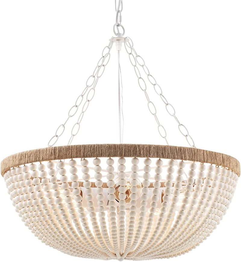 ELYCCUPA 5 Lights Bohemia Wood Beaded Chandelier Farmhouse Antique Rustic Pendant Light for Bedroom Kitchen Island Dining Living Room, White, Dia 22 Inch Home & Garden > Lighting > Lighting Fixtures > Chandeliers ELYCCUPA A-Round  