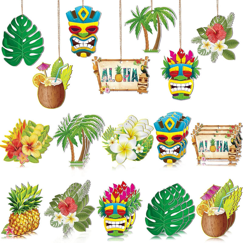 Spiareal 30 Pcs Summer Tropical Luau Hawaiian Themed Party Wood Hanging Ornaments Tiki Masks Pineapples Flower Palm Trees Turtle Leaves Ornament for Beach Christmas Decor(Classic Style)  Spiareal   