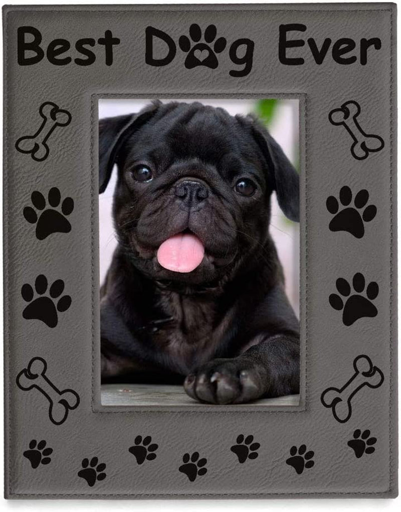 KATE POSH - Best Dog Ever Engraved Leather Picture Frame - Dog Lover Gifts, Dog Memorial Gifts, Birthday Gifts, Dog Paws and Bones Decor, Pet Memorial Gifts (4X6-Vertical)