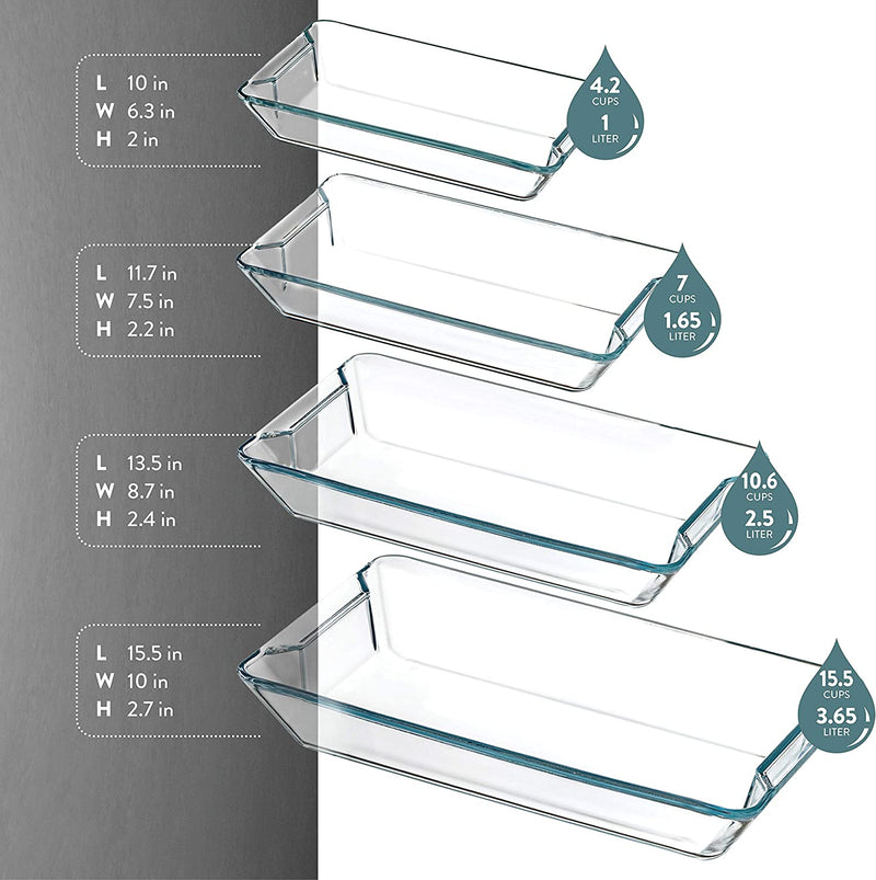 Superior Glass Casserole Dish Set - 4-Piece Rectangular Bakeware Set, Modern Unique Design Glass Baking-Dish Set - Grip Handles for Easy Carry from Hot Oven to Table, Nesting for Space-Saving Storage.