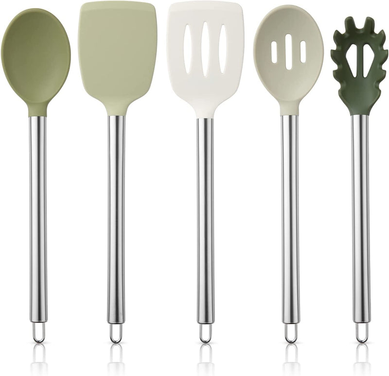 COOK with COLOR Silicone Cooking Utensils, 5 Pc Kitchen Utensil Set, Easy to Clean Silicone Kitchen Utensils, Cooking Utensils for Nonstick Cookware, Kitchen Gadgets Set (Green Ombre) Home & Garden > Kitchen & Dining > Kitchen Tools & Utensils Enchante Direct Green  