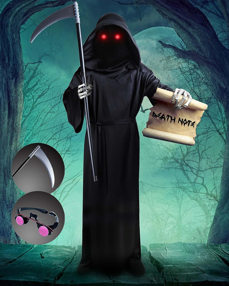 4-Size Grim-Reaper Costume Kids Adult with Glowing Red Eyes & Scythe Cosplay, Death Scary Halloween Costumes for Kids Adults  Colplay   