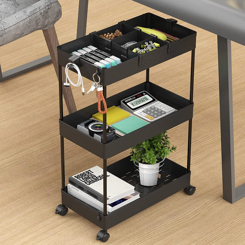 SPACELEAD 3 Tier Rolling Cart with Wheels, Storage Craft Art Cart Trolley Organizer Serving Cart, 3 Hanging Baskets Easy Assembly, for Office, Living Room, Kitchen, Black Home & Garden > Household Supplies > Storage & Organization SPACELEAD   