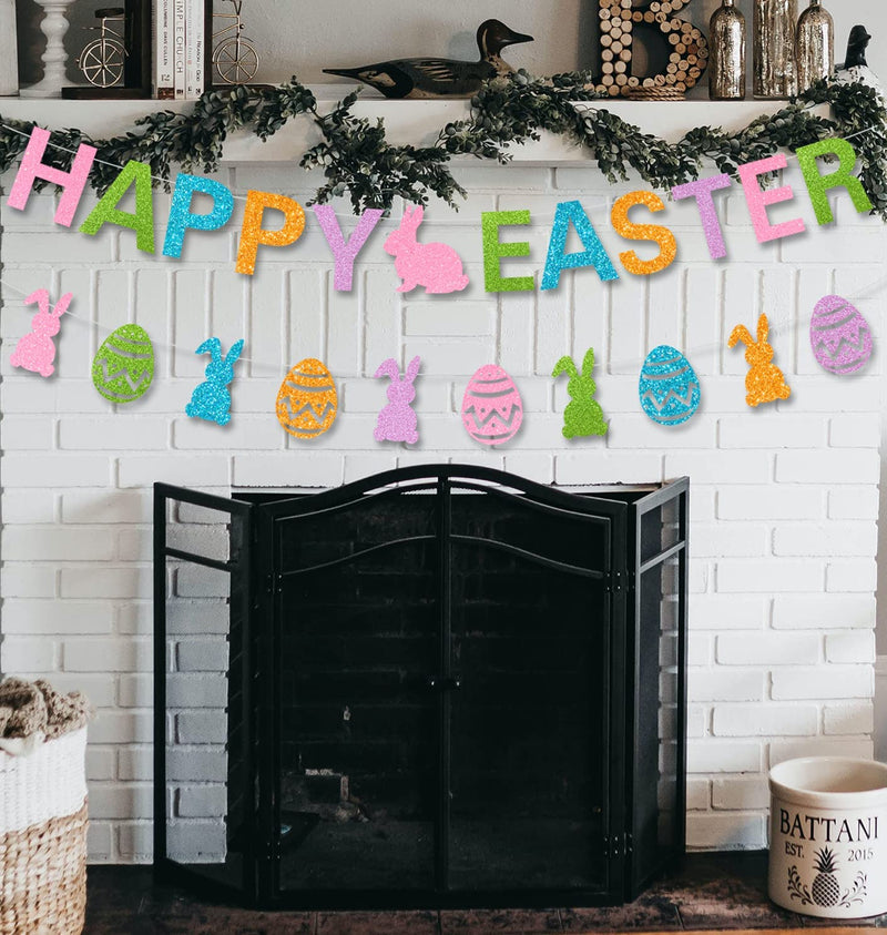 CAVLA Glitter Happy Easter Banner and Colorful Glittery Bunny Rabbit Easter Eggs Banner Happy Easter Garland Banner Spring Easter Bunny Party Fireplace Mantle Decorations Supplies Home & Garden > Decor > Seasonal & Holiday Decorations CAVLA   