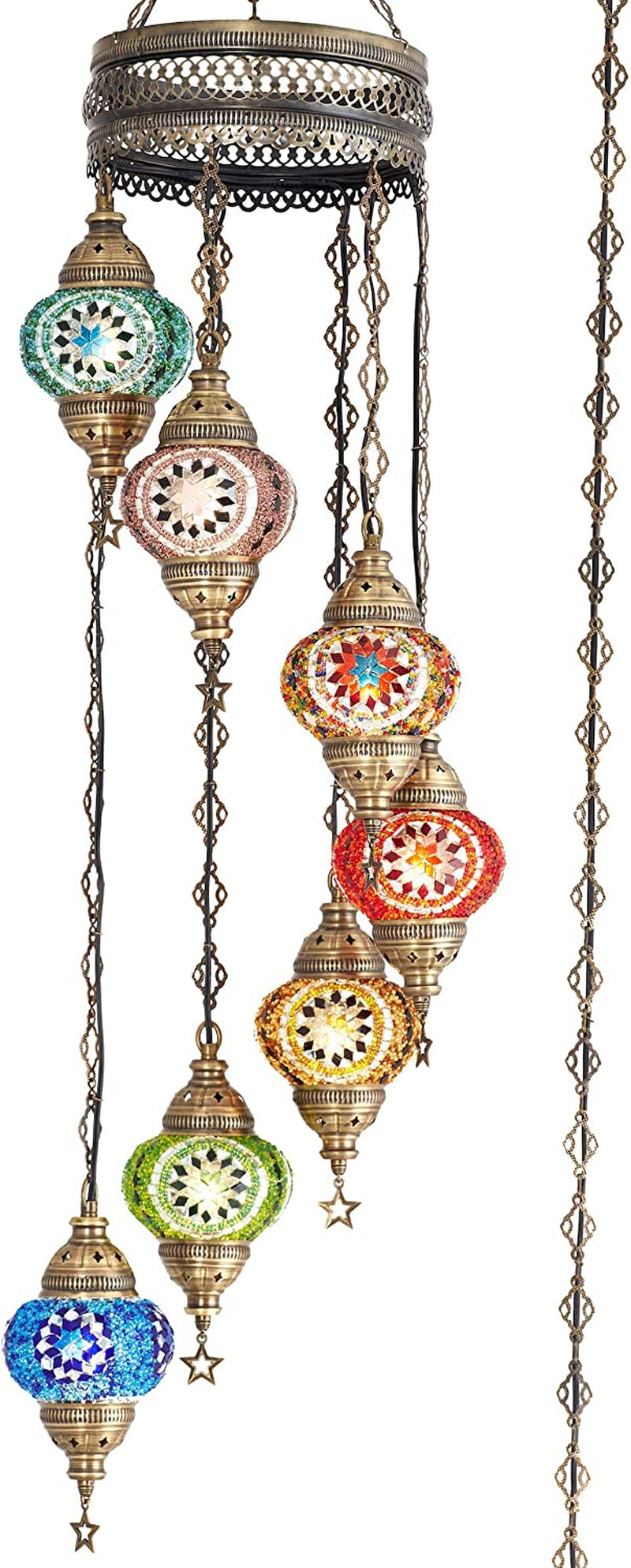 7 Globes Swag Plug in Turkish Moroccan Mosaic Bohemian Tiffany Ceiling Hanging Pendant Light Lamp Chandelier Lighting with 15Feet Cord Chain and Plug, 50" Height (Multicolor) Home & Garden > Lighting > Lighting Fixtures > Chandeliers DEMMEX   