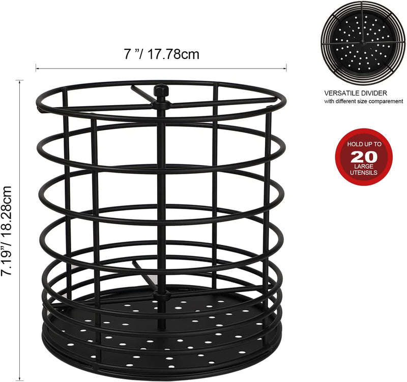 Koluti 360° Rotating Kitchen Utensil Holder Organizer, 7.2" X 7" Extra Large round Cooking Tool Storage Caddy, Weighted Base with Drain Hole, Wire Metal Flatware Crock for Countertop, Paint Black