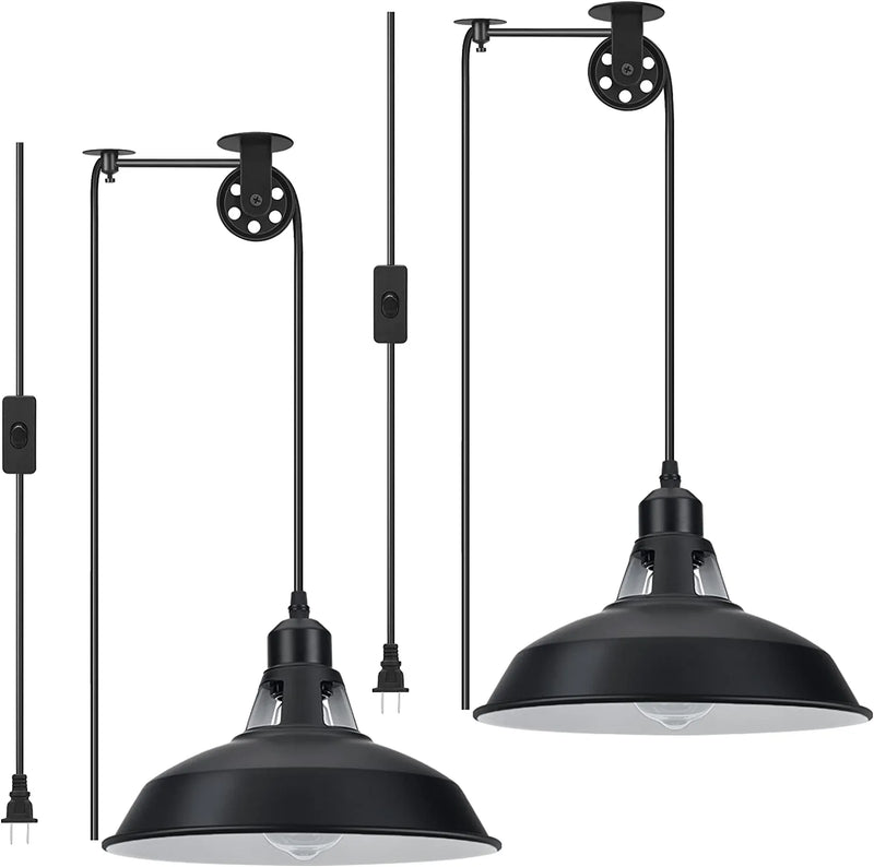 Lomoky Plug in Pendant Light, Hanging Lamp with Black Barn Pendant Lighting with 14.76Ft Cord On/Off Switch, Adjustable Pulley Wall Light Fixture Hanging Light for Kitchen Bedroom Restaurant 2 Pack